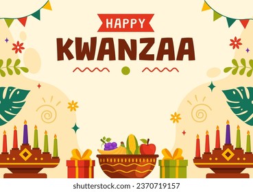 Feliz Vector de Kwanzaa Ilustración con Mazao, Zawadi, Mkeka, Kinara, Regalos, Copa, Velas en Tradicional Símbolo Africano de Fiesta Fondo de Caricatura Plano