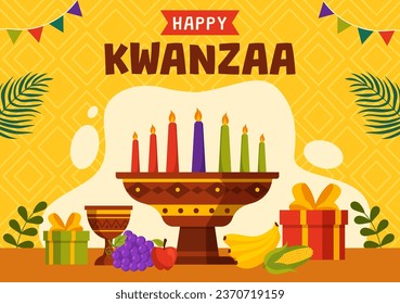 Feliz Vector de Kwanzaa Ilustración con Mazao, Zawadi, Mkeka, Kinara, Regalos, Copa, Velas en Tradicional Símbolo Africano de Fiesta Fondo de Caricatura Plano