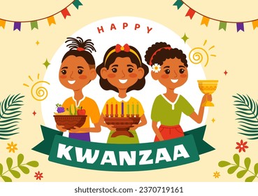 Happy Kwanzaa Vector Illustration with Mazao, Zawadi, Mkeka, Kinara, Gifts, Cup, Candles in Traditional Holiday African Symbol Kids Cartoon Background