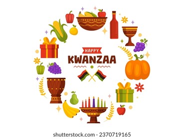 Feliz Vector de Kwanzaa Ilustración con Mazao, Zawadi, Mkeka, Kinara, Regalos, Copa, Velas en Tradicional Símbolo Africano de Fiesta Fondo de Caricatura Plano