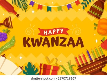 Happy Kwanzaa Vector Illustration with Mazao, Zawadi, Mkeka, Kinara, Gifts, Cup, Candles in Traditional Holiday African Symbol Flat Cartoon Background