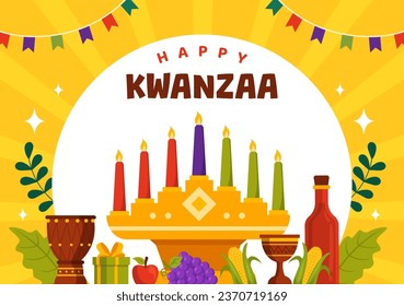 Happy Kwanzaa Vector Illustration with Mazao, Zawadi, Mkeka, Kinara, Gifts, Cup, Candles in Traditional Holiday African Symbol Flat Cartoon Background