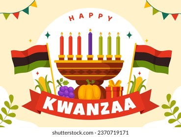 Feliz Vector de Kwanzaa Ilustración con Mazao, Zawadi, Mkeka, Kinara, Regalos, Copa, Velas en Tradicional Símbolo Africano de Fiesta Fondo de Caricatura Plano