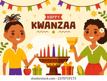 Happy Kwanzaa Vector Illustration with Mazao, Zawadi, Mkeka, Kinara, Gifts, Cup, Candles in Traditional Holiday African Symbol Kids Cartoon Background