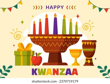 Happy Kwanzaa Vector Illustration with Mazao, Zawadi, Mkeka, Kinara, Gifts, Cup, Candles in Traditional Holiday African Symbol Flat Cartoon Background