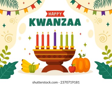 Feliz Vector de Kwanzaa Ilustración con Mazao, Zawadi, Mkeka, Kinara, Regalos, Copa, Velas en Tradicional Símbolo Africano de Fiesta Fondo de Caricatura Plano