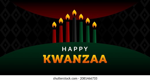 Happy kwanzaa. Vector web banner, poster, card for social media, networks. Text Happy kwanzaa, seven lighted candles with flames on a black background.