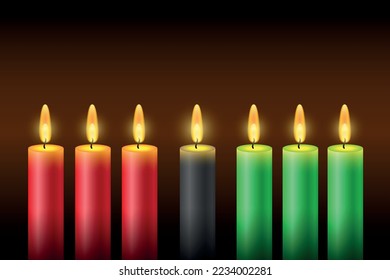 Happy kwanzaa. Vector web banner, poster, card for social media, networks. Seven lighted candles with flames on a dark background.