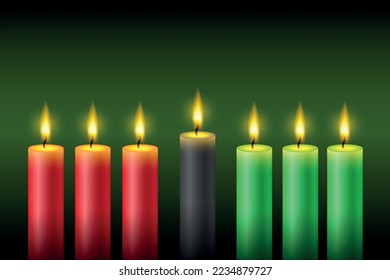 Happy kwanzaa. Vector web banner, poster, card for social media, networks. Seven lighted candles with flames on a dark green background.