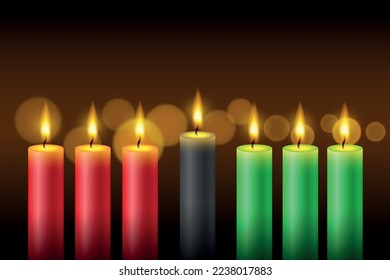 Happy kwanzaa. Vector web banner, poster, card for social media, networks. Seven lighted candles with flames on a dark background.