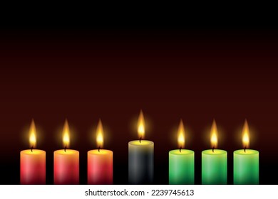 Feliz kwanzaa. Pancarta vectorial web, afiche, tarjeta para medios sociales, redes. Siete velas encendidas con llamas en un fondo oscuro con lugar para el texto.