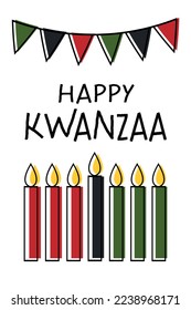 Happy Kwanzaa vertical greeting card with flag bunting, seven candles. Cute simple poster for African American Kwanzaa celebration holiday.