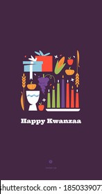 Happy Kwanzaa vertical vector social media story template with the symbols of African Heritage - kinara candles, crops, corn, unity cup and holiday gifts on purple background. 