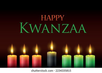 Happy kwanzaa. Web banner, poster, card for social media, networks. Seven lighted candles with flames with text Happy Kwanzaa on a dark background.