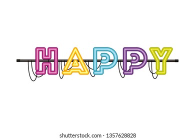 happy label in neon light isolated icon