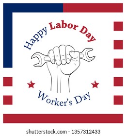 Happy Labor Day 1 may american colors banner. Worker's day illustration. Happy 1st may Labor Day card. National american holiday illustration USA flag color. Festive poster banner hand tool lettering