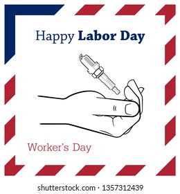 Happy Labor Day 1 may american colors banner. Worker's day illustration. Happy 1st may Labor Day card. National american holiday illustration USA flag color. Festive poster banner hand tool lettering