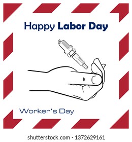 Happy Labor Day 1 may american colors banner. Worker's day illustration. Happy 1st may Labor Day card. National american holiday illustration USA flag color. Festive poster banner hand tool lettering