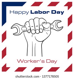 Happy Labor Day 1 may american colors banner. Worker's day illustration. Happy 1st may Labor Day card. National american holiday illustration USA flag color. Festive poster banner hand tool lettering