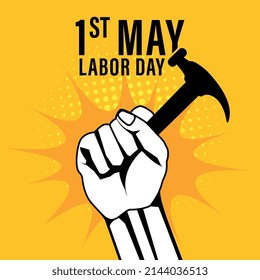 Happy labor day 1st May. Comic splash with punch yellow background. vector illustration.