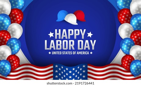 Happy Labor Day 2022 Vector greeting card or invitation card. United States national holiday illustration with United States flag ballon and safety helmet