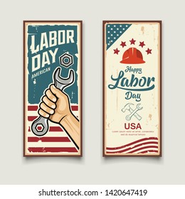 Happy Labor day america flag vector, Wrench in hand, vintage banners vertical design collections background, illustration