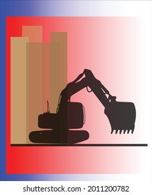 Happy Labor Day.
Labor Day in America. Illustration of an excavator in silhouette behind surrounding buildings in shapes. High resolution. Vector illustration.