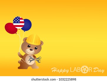 Happy Labor day american. bear and balloon USA flag text and gear on orange background. vector illustration