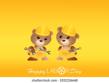 Happy Labor day american. bear and wrench text and gear on orange background. vector illustration