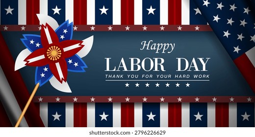 Happy Labor Day. American flag, Windmill and more. Perfect for posters, banners and social media. Black background. 