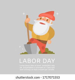 Happy labor day american national holiday poster with cartoon gnome with showel vector illustration. Labor day holiday background with fairy gnome character.