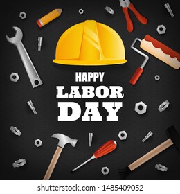 Happy Labor day. American labor day patriotic template for advertising card, flyer, poster, banner. Construction tools and holiday promotion message on top of dark dot background.