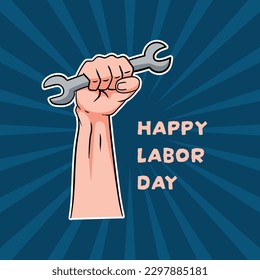  Happy Labor Day Background. Hand holding a wrench.