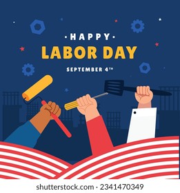 Happy Labor day. Labor Day background. USA Labor Day celebration. American Labor Day concept. September 4. Vector illustration. Design For Poster, Banner. Flyer, Greeting Card. construction tools.