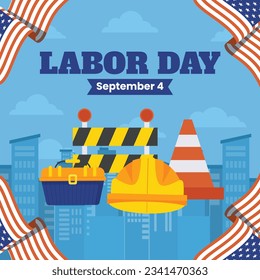 Happy Labor day. Labor Day background. USA Labor Day celebration. American Labor Day concept. September 4. Vector illustration. Design For Poster, Banner. Flyer, Greeting Card. construction tools.