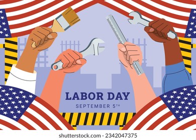Happy Labor day. Labor Day background. USA Labor Day celebration. American Labor Day concept. September 4. Vector illustration. Design For Poster, Banner. Flyer, Greeting Card. construction tools.