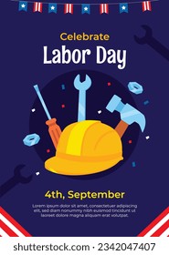 Happy Labor day. Labor Day background. USA Labor Day celebration. American Labor Day concept. September 4. Vector illustration. Design For Poster, Banner. Flyer, Greeting Card. construction tools.