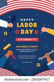 Happy Labor day. Labor Day background. USA Labor Day celebration. American Labor Day concept. September 4. Vector illustration. Design For Poster, Banner. Flyer, Greeting Card. construction tools.
