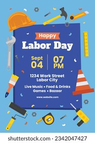 Happy Labor day. Labor Day background. USA Labor Day celebration. American Labor Day concept. September 4. Vector illustration. Design For Poster, Banner. Flyer, Greeting Card. construction tools.