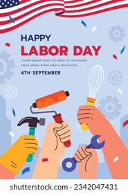Happy Labor day. Labor Day background. USA Labor Day celebration. American Labor Day concept. September 4. Vector illustration. Design For Poster, Banner. Flyer, Greeting Card. construction tools.