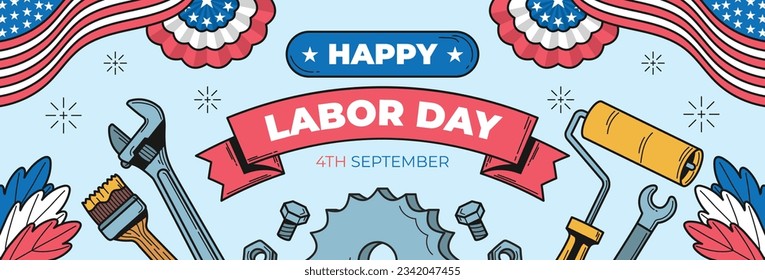 Happy Labor day. Labor Day background. USA Labor Day celebration. American Labor Day concept. September 4. Vector illustration. Design For Poster, Banner. Flyer, Greeting Card. construction tools.