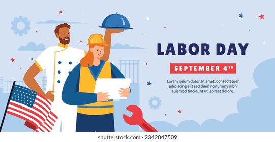 Happy Labor day. Labor Day background. USA Labor Day celebration. American Labor Day concept. September 4. Vector illustration. Design For Poster, Banner. Flyer, Greeting Card. construction tools.