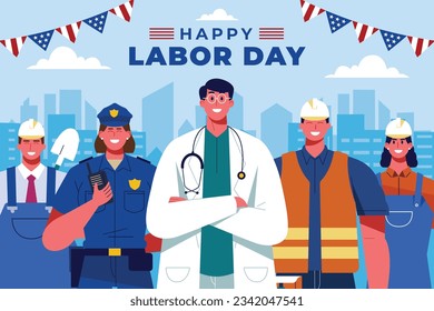 Happy Labor day. Labor Day background. USA Labor Day celebration. American Labor Day concept. September 4. Vector illustration. Design For Poster, Banner. Flyer, Greeting Card. construction tools.