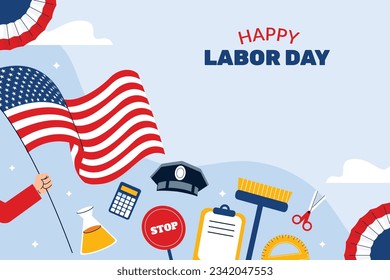 Happy Labor day. Labor Day background. USA Labor Day celebration. American Labor Day concept. September 4. Vector illustration. Design For Poster, Banner. Flyer, Greeting Card. construction tools.
