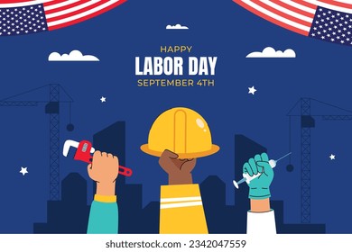 Happy Labor day. Labor Day background. USA Labor Day celebration. American Labor Day concept. September 4. Vector illustration. Design For Poster, Banner. Flyer, Greeting Card. construction tools.