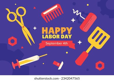 Happy Labor day. Labor Day background. USA Labor Day celebration. American Labor Day concept. September 4. Vector illustration. Design For Poster, Banner. Flyer, Greeting Card. construction tools.