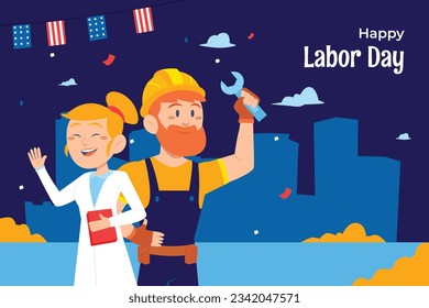 Happy Labor day. Labor Day background. USA Labor Day celebration. American Labor Day concept. September 4. Vector illustration. Design For Poster, Banner. Flyer, Greeting Card. construction tools.
