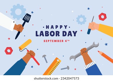 Happy Labor day. Labor Day background. USA Labor Day celebration. American Labor Day concept. September 4. Vector illustration. Design For Poster, Banner. Flyer, Greeting Card. construction tools.