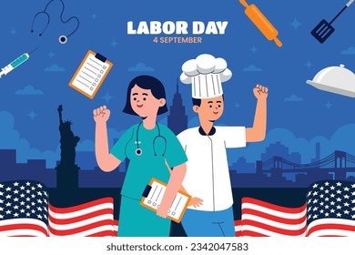 Happy Labor day. Labor Day background. USA Labor Day celebration. American Labor Day concept. September 4. Vector illustration. Design For Poster, Banner. Flyer, Greeting Card. construction tools.
