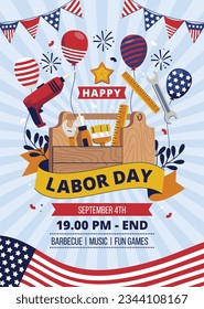 Happy Labor day. Labor Day background. USA Labor Day celebration. American Labor Day concept. September 4. Vector illustration. Design For Poster, Banner. Flyer, Greeting Card. construction tools.